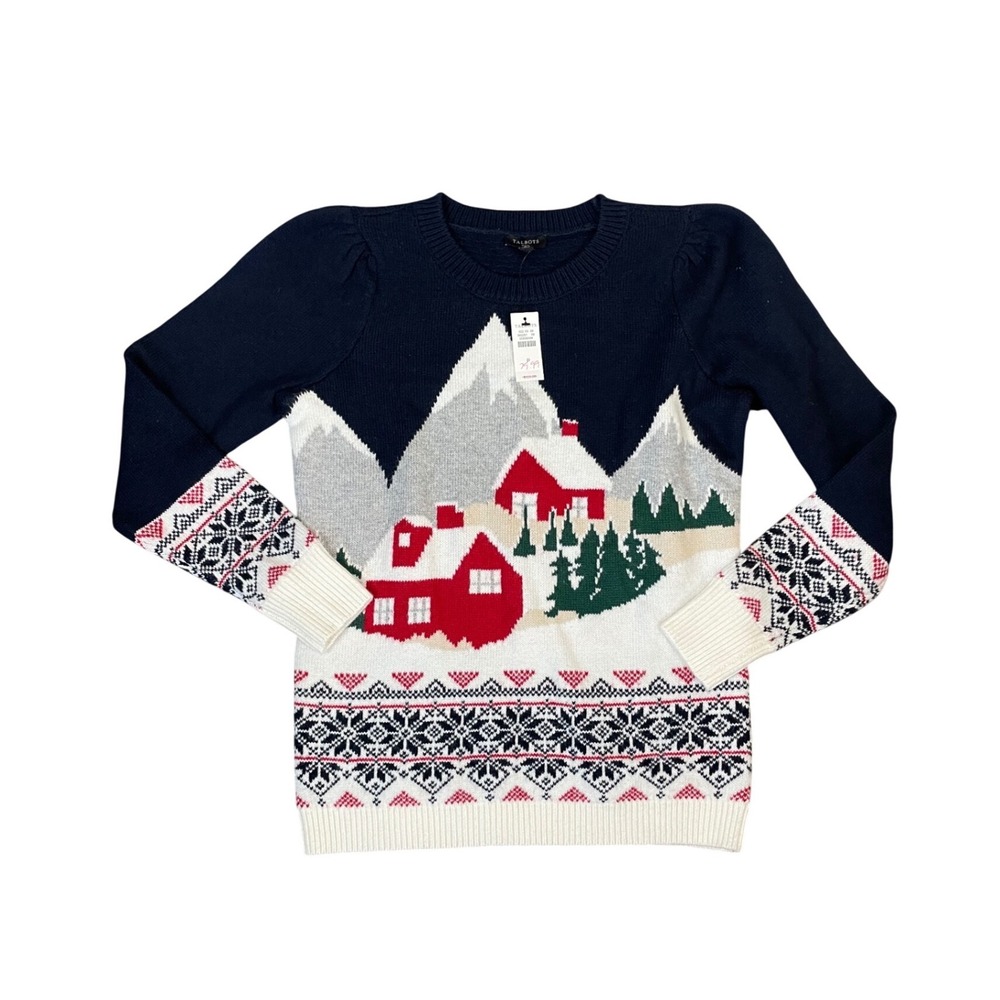 Talbots Petite P NWT Navy Blue Winter Scene Intarsia Fair Isle Sweater Mountains